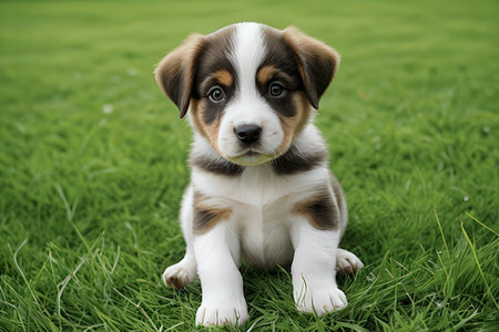 Cute puppy on green grass in park, closeup of photo