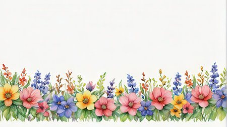floral border with flowers and leaves on white background, vector illustrationの写真素材