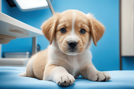Cute puppy on blue background in vet clinic. Pet care concept