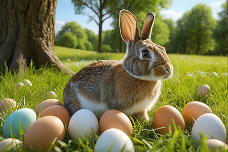 Easter bunny with eggs in the meadow. 3d render