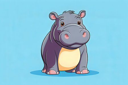 Illustration of a cute hippopotamus on a blue background.の写真素材