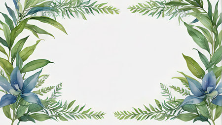 Watercolor frame with green leaves and eucalyptus on white backgroundの写真素材