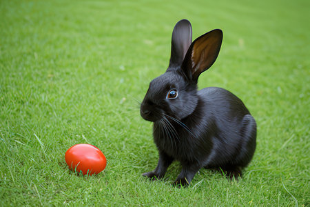 Little black rabbit with red easter egg on green grass background.