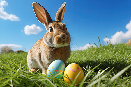 Easter bunny and easter eggs in green grass with blue sky