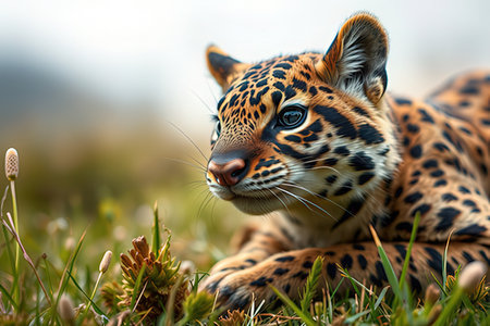 Leopard lying on the grass. Close-up portrait of wild cat