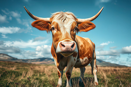 Cow on a meadow in Scotland, UK. Vintage style.