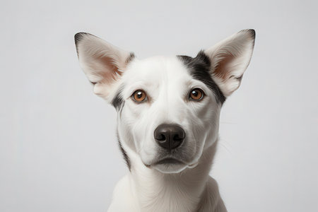 Portrait of a cute mixed breed dog on a white background.