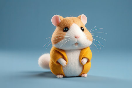 Hamster in a yellow sweater on a blue background, close-upの写真素材