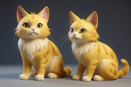 Two cats sitting on a gray background. 3d render illustration.の写真素材