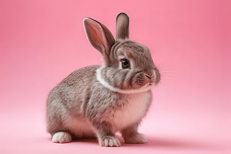 Funny gray rabbit on a pink background. Easter bunny on a pink background.