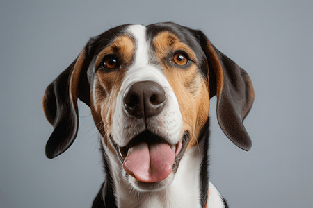 Portrait of a cute beagle dog on gray background. Studio shot.の写真素材