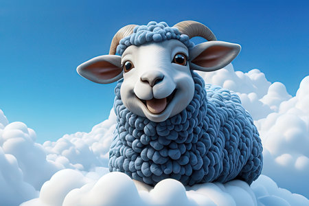 Sheep in the clouds - 3D render of a sheep on blue skyの写真素材