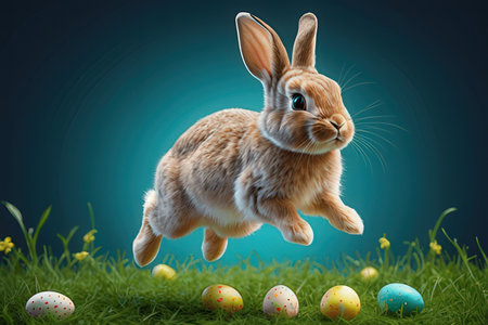 Easter bunny jumping in the grass with eggs on a blue background