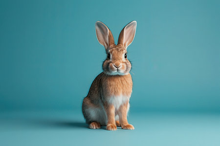 Cute brown rabbit sitting on blue background with copy space. Studio shot.の写真素材