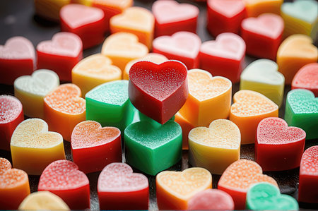 Colorful candies in the shape of hearts on a black background