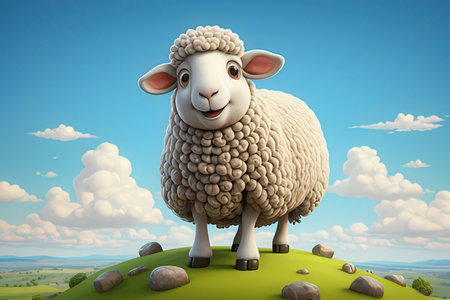 Sheep on a green hill against blue sky with clouds 3d illustrationの写真素材