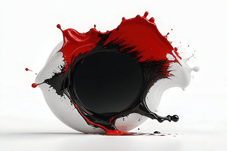 3d render of black and red paint splashing on white backgroundの写真素材