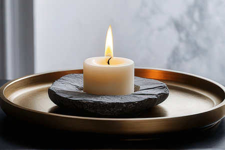 Burning candle on tray in bathroom, closeup. Space for textの写真素材