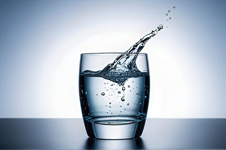 Glass of water with splashes on gray background. 3d rendering