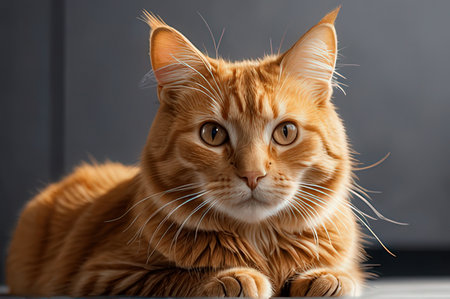 Portrait of ginger cat on gray background. Shallow depth of field.の写真素材