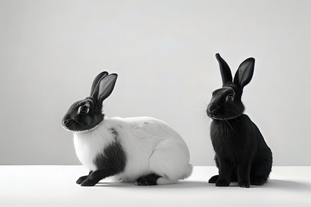 Black and white rabbits on a white background. 3d rendering.の写真素材