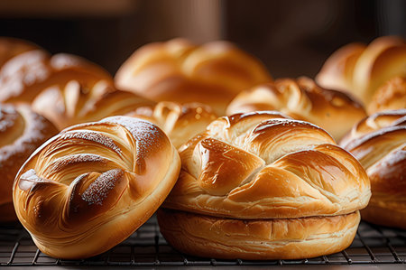 Sweet buns on a baking sheet, close-up, selective focus