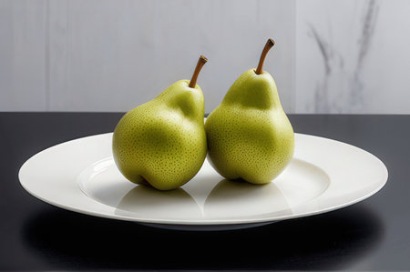 Two green pears on a white plate on a black table.