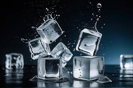 Ice cubes with water splashes on dark background. Freeze motion.の写真素材