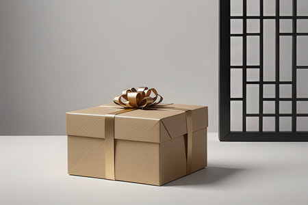 Gift box with gold ribbon and bow. 3D rendering.の写真素材