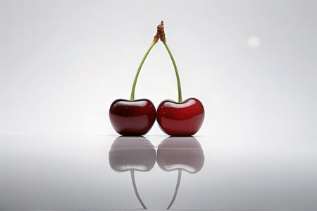 Two cherries on a white background with reflection and copyspace