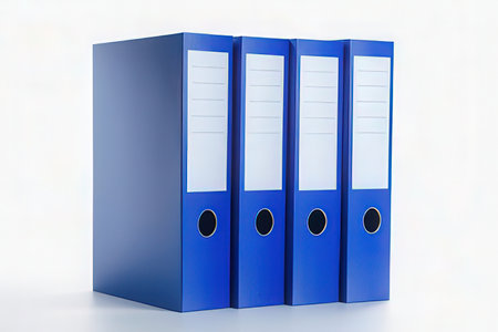 Row of blue office binders on a white background. 3d rendering