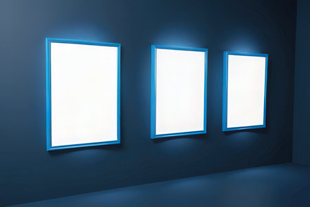 Three empty frames on a dark blue wall. 3d rendering.の写真素材