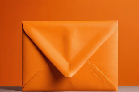 close up of an orange envelope on a wooden table and orange backgroundの写真素材