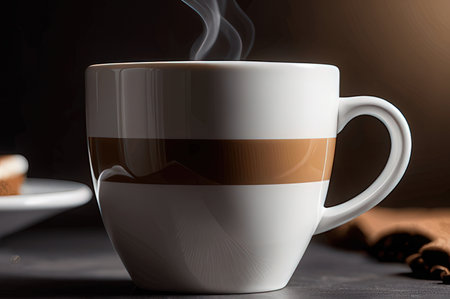 Coffee cup with cinnamon and sugar on a dark background.の写真素材