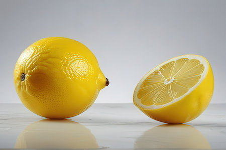 Lemons on a white background with reflection in the water.の写真素材