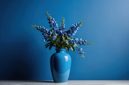 Vase with beautiful blue flowers on table against blue wall, space for textの写真素材