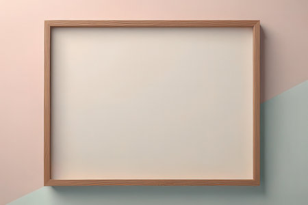 Blank wooden frame on blue and pink background, 3d render