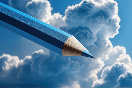 Blue pencil with white clouds on blue sky background. 3d illustration