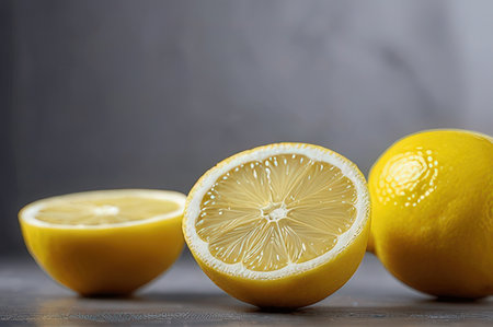 Fresh lemons on a gray background, selective focus, copy space