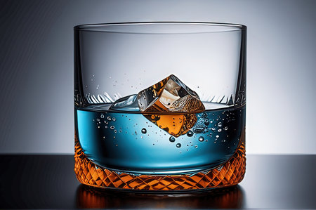 Glass of whiskey with ice cubes on a dark background. 3d rendering