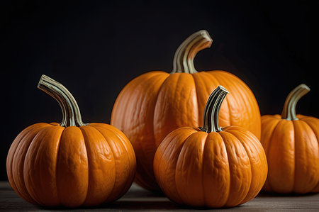 Three orange pumpkins on black background. Halloween or Thanksgiving concept.