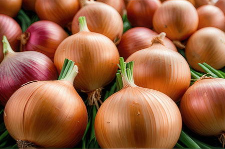 Fresh onions on display at the local farmers market. Farmers markets are a traditional way of selling agricultural products.の写真素材