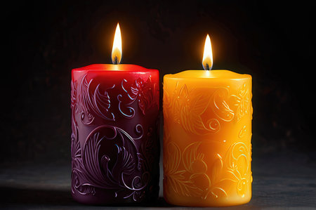 Two burning candles on a dark background. Close-up, selective focus.の写真素材