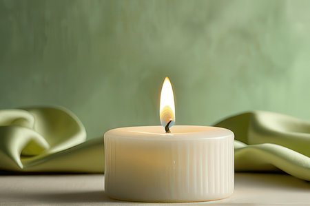Burning candle on wooden table against color background, space for textの写真素材