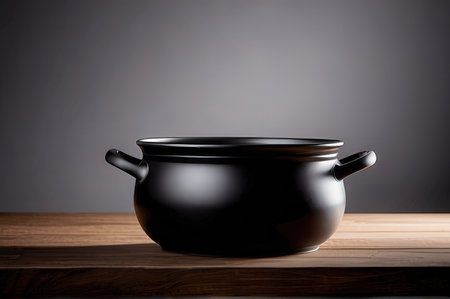 Black cooking pot on a wooden table in front of gray background.の写真素材