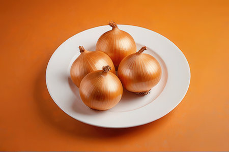 onion on a white plate on an orange background, top viewの写真素材