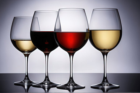 three glasses of red, white and rose wine on a dark background