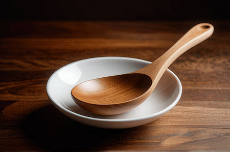 Wooden spoon and bowl on wooden table, vintage style, selective focusの写真素材
