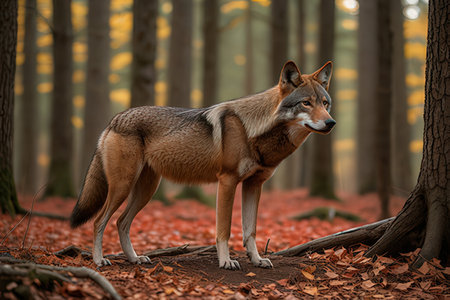 Walking wolf in the autumn forest. Wildlife scene from nature.