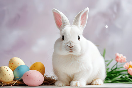 Easter bunny and colorful eggs on light background. Easter concept.